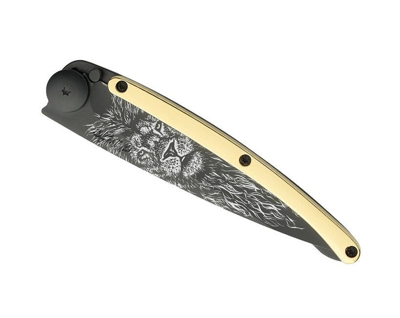 Deejo Tattoo Schließmesser gold Löwe aus 23 karat gelbgold