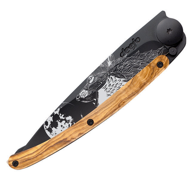 Deejo Black Tattoo Folding Knife, Olive Wood, Howling