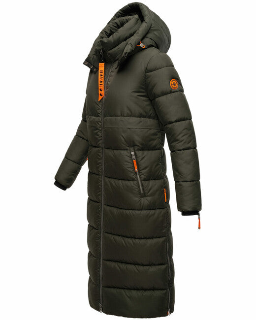 Navahoo Kristallblume damen lange Winterjacke mit Kapuze dunkeloliv