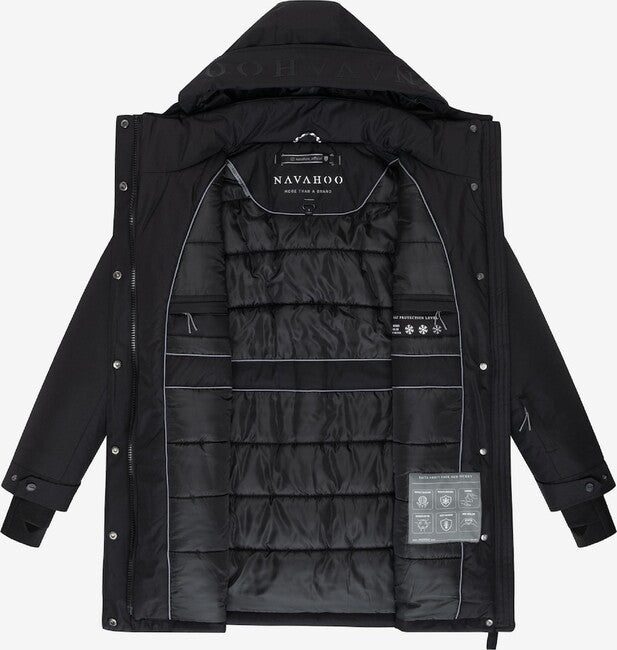 Navahoo FROSTKUSS 14 damen Winterparka mit abnehmbarer Kapuze und Gürtel, schwarz