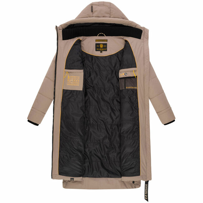 Marikoo Benikoo damen langer wintermantel, taupe grau