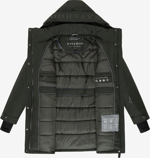 Navahoo FROSTKUSS 14 damen Winterparka mit abnehmbarer Kapuze und Gürtel, dark olive