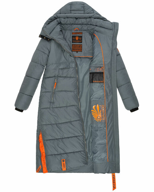Navahoo Kristallblume damen lange winterjacke mit kapuze sturmblau