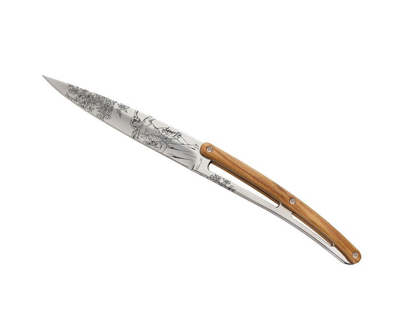Deejo Klappmesser Tattoo Set Steakmesser glänzende Oberfläche Olivenholz Toile de Jouy