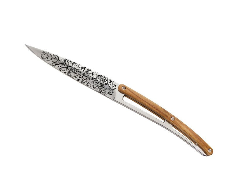 Deejo Tattoo Set Klappmesser Steakmesser glänzende Oberfläche Olivenholz Grand Siecle