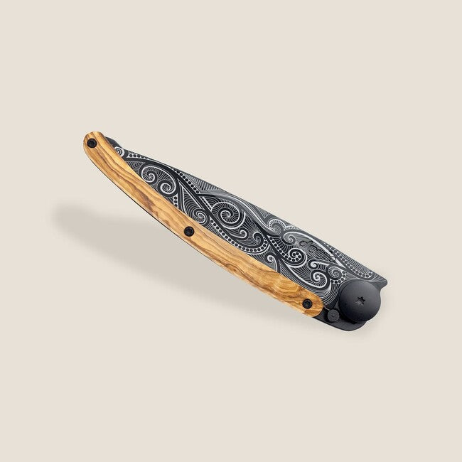 Deejo Schließmesser black tattoo olive wood pacific