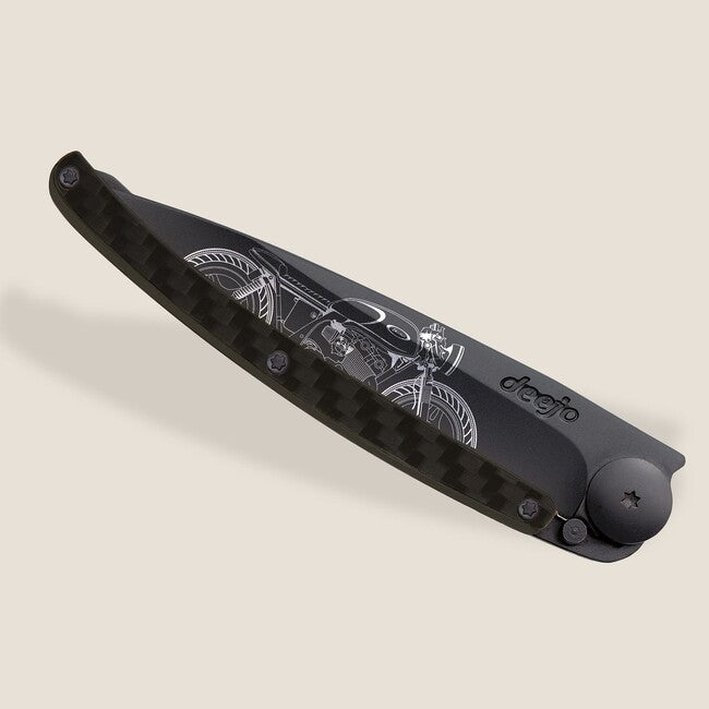 Deejo Tattoo Abschlussmesser Café Racer aus schwarzer Kohlefaser