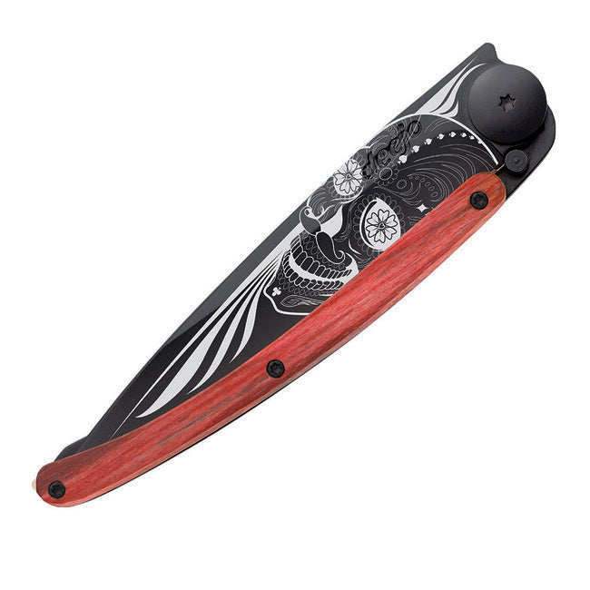 Deejo Black Tattoo Biker Red Beech Folding Knife, Skull