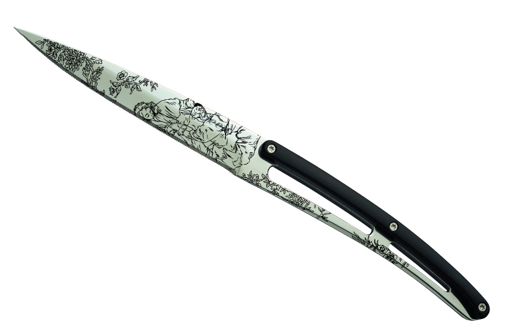 Deejo Set mit 6 steakmessern glänzende klinge gezahnter griff schwarzes abs-design, toile de jouy