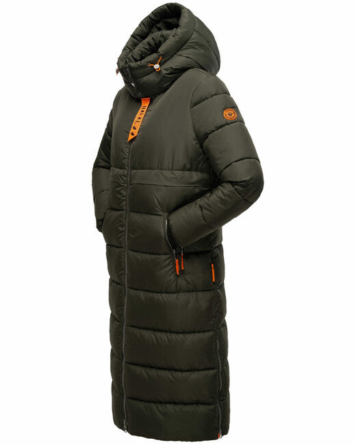 Navahoo Kristallblume damen lange Winterjacke mit Kapuze dunkeloliv
