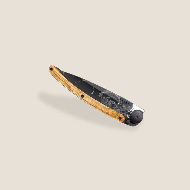Deejo Tattoo Schließmesser Trout black olive wood