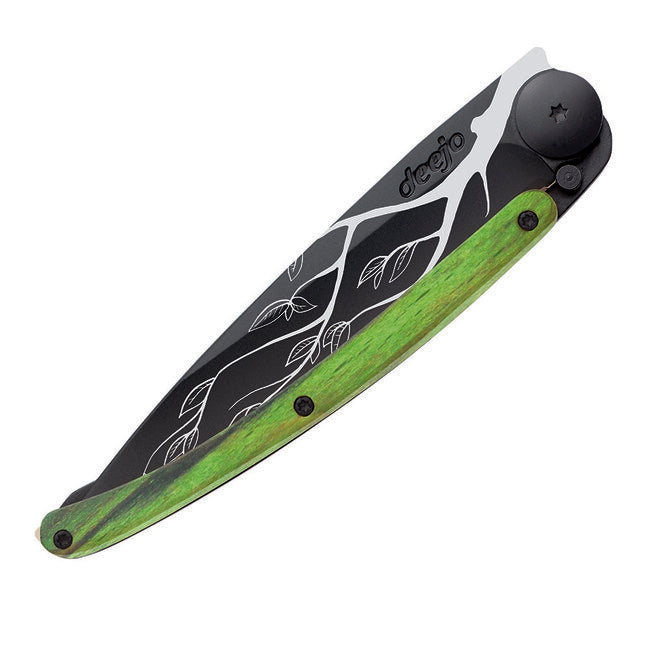 Deejo Folding Knife Black Tattoo Green Beech Tree