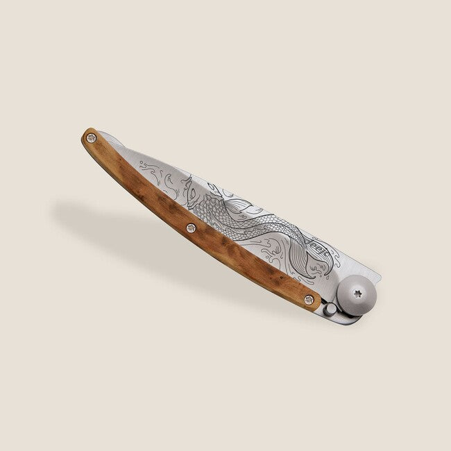 Deejo Tattoo Fish Folding Knife, Juniper