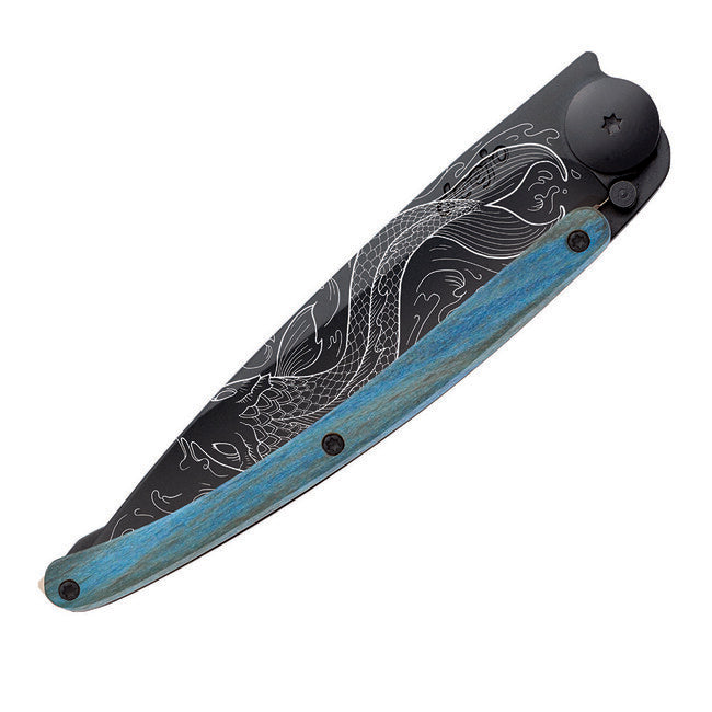 Deejo Black Tattoo Blue Beech Folding Knife