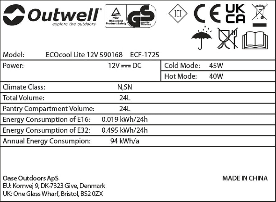Outwell ECOcool Lite 24 Camping Cooler 12V, Navy Blue