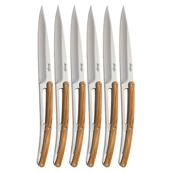 Deejo Set mit 6 Messern, glänzende Klinge, olivenholz