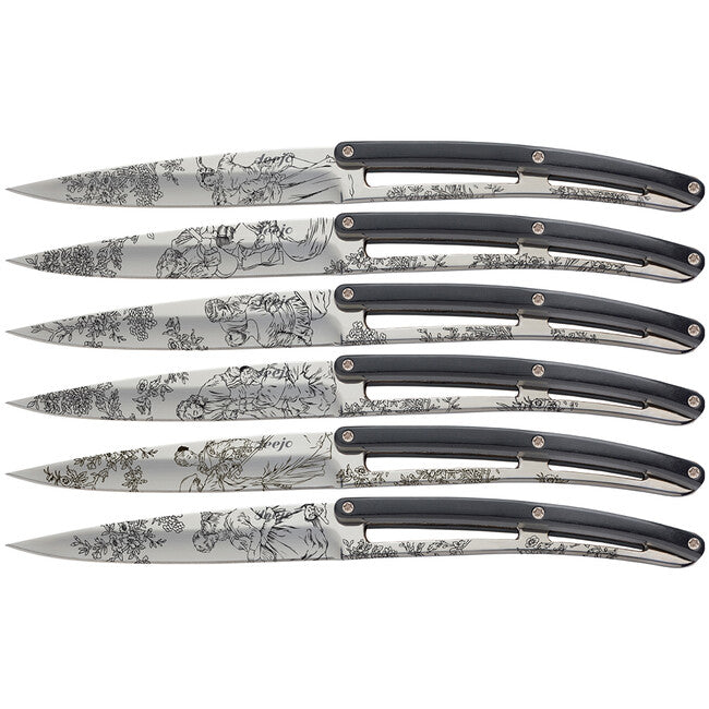 Deejo Set mit 6 Messern glänzender Klingengriff schwarzes ABS-Design Toile de Jouy