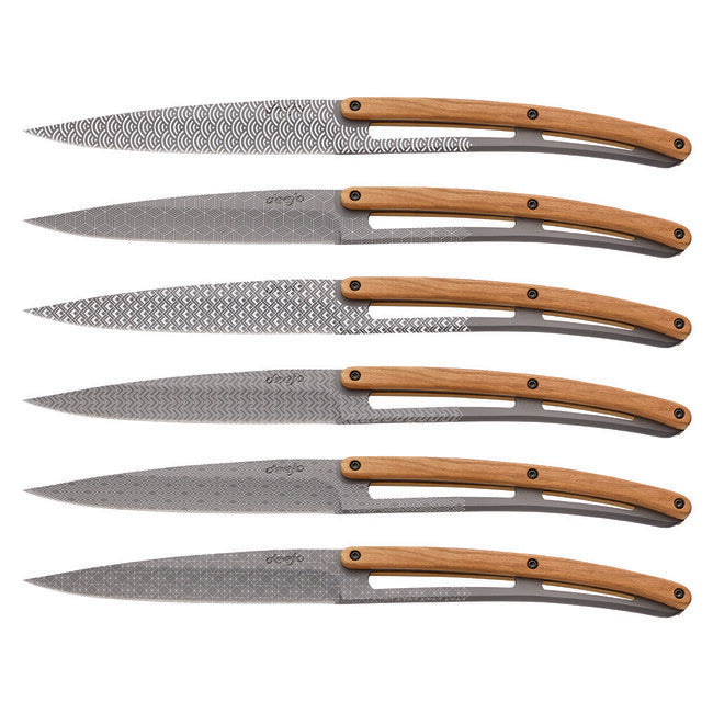Deejo Set mit 6 Messern, mattgraue Klinge, olivenholz, geometrie-Design