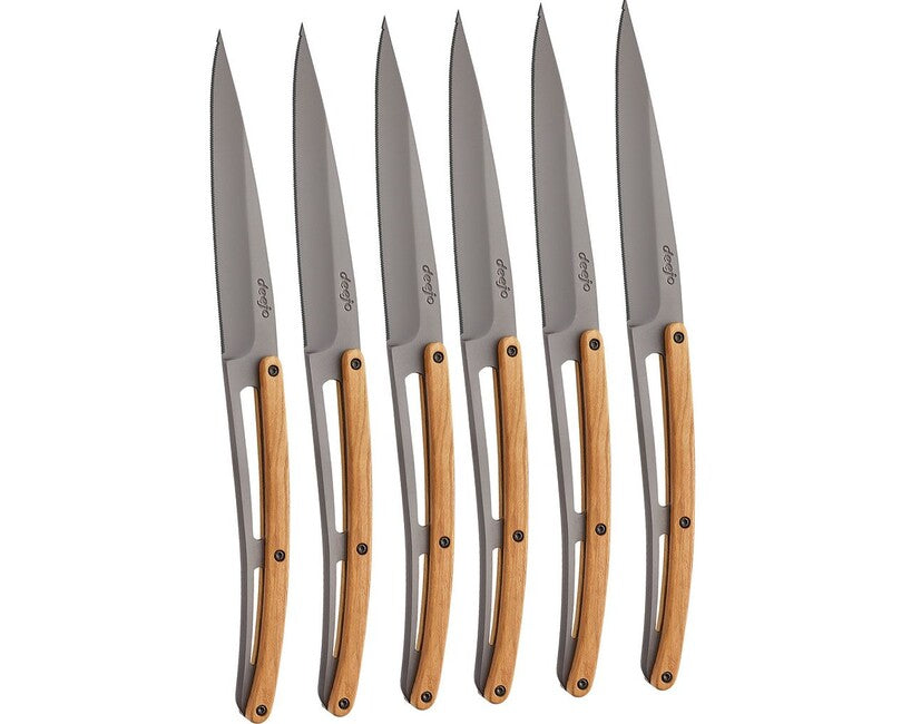 Deejo Set mit 6 Messern tischklinge aus grauem titan-olivenholz mit gezahnter klinge