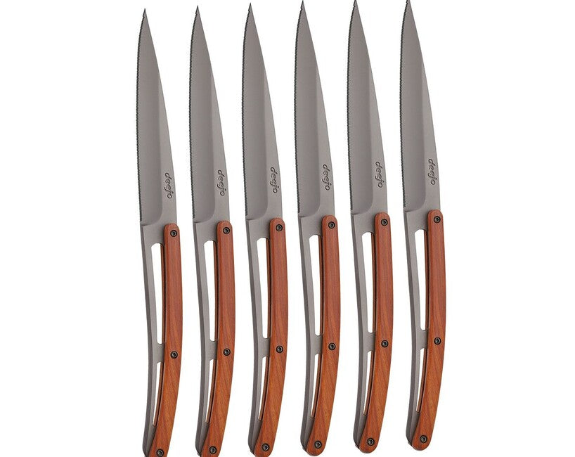 Deejo-Set mit 6 Tischmessern gezahnte Klinge aus grauem Titankorallenholz