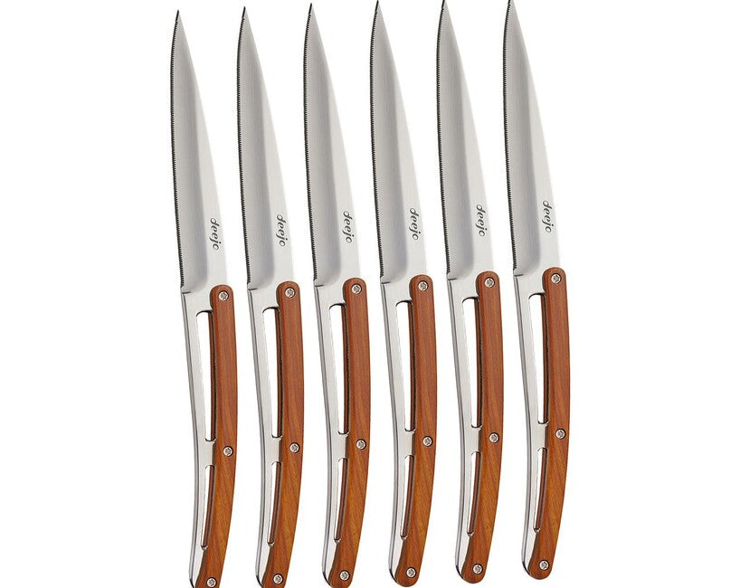 Deejo-Set Modell mit 6 Tischmessern aus hochglänzendem Korallenholz mit gezahnter Klinge