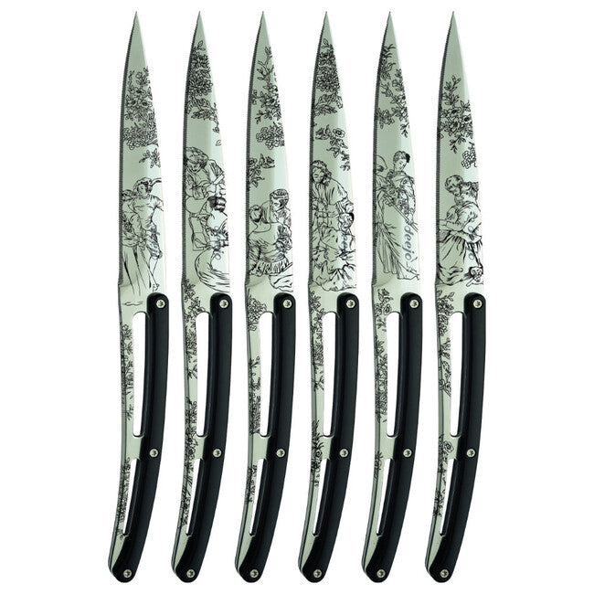 Deejo Set mit 6 steakmessern glänzende klinge gezahnter griff schwarzes abs-design, toile de jouy