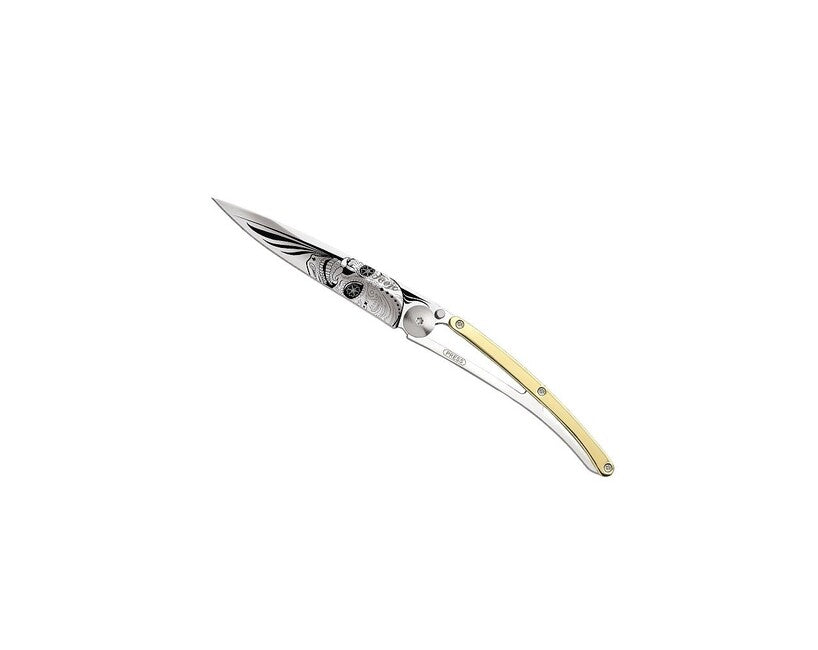 Deejo Klappmesser GOLD Tattoo Gelbgold Latino Skull