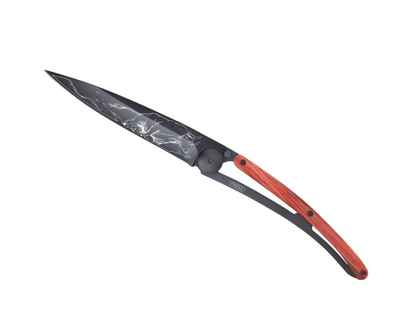 Deejo Tattoo Schließmesser red beech Bull