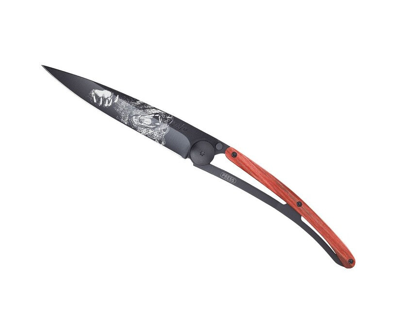 Deejo Tattoo Schließmesser, black red beech grizzly