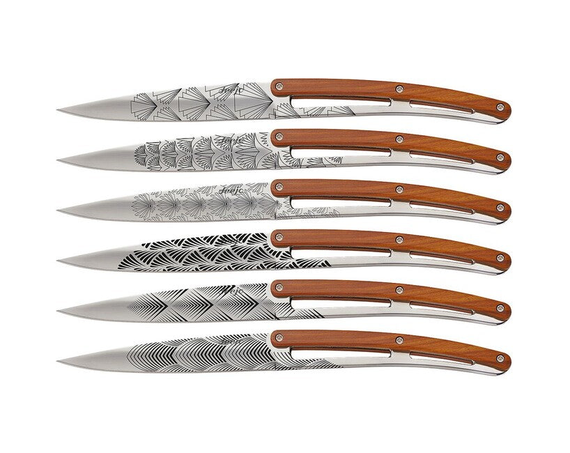 Deejo Tattoo-Set aus steakmessern, glänzende oberfläche korallenholz-design, art déco