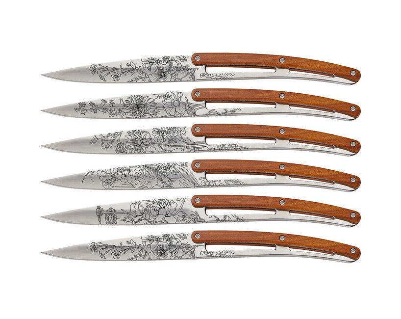 Deejo Tattoo-Set aus steakmessern, glänzende oberfläche, korallenholz-design, blossom