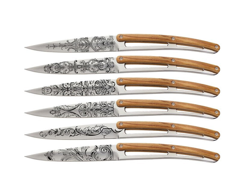 Deejo Tattoo Set Klappmesser Steakmesser glänzende Oberfläche Olivenholz Grand Siecle