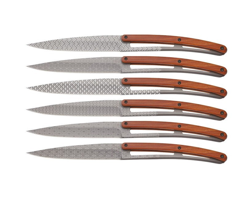 Deejo Klappmesser Tattoo-Set aus Steakmessern, matte Oberfläche, Korallenholz-Design, Geometrie
