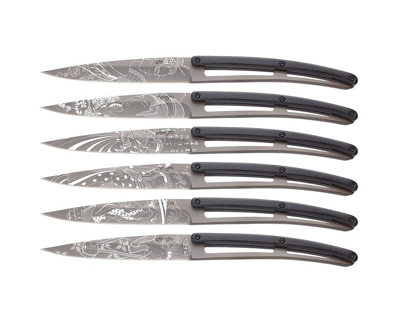 Deejo Tattoo-Set aus Steakmessern, hellgraues Ebenholz aus Japan