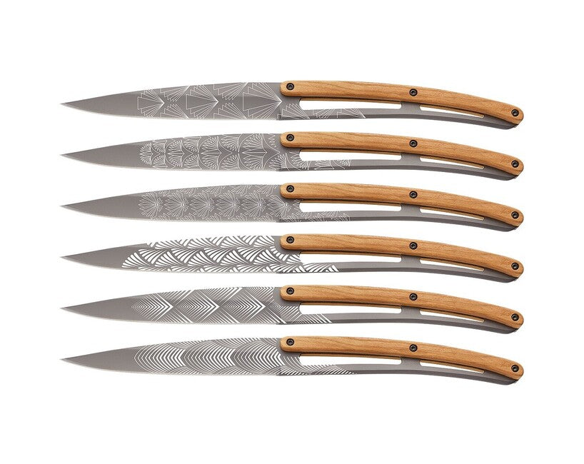 Deejo Tattoo Klappmesser steakmesser-set aus hellem titan, olivenholz, art-déco-design