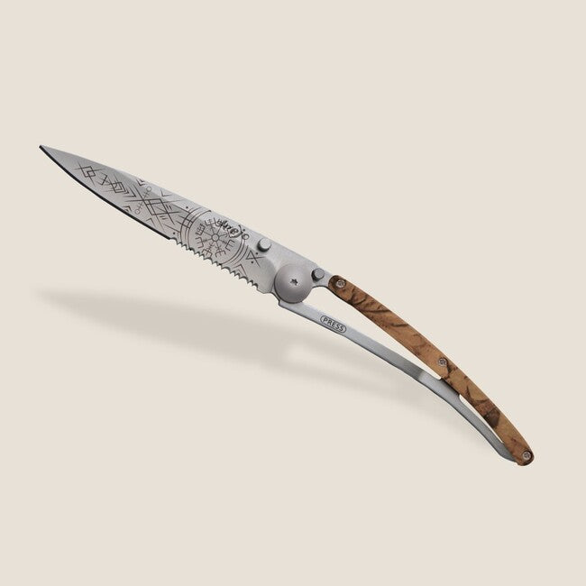 Deejo Tattoo Serration Klappmesser brown camo Viking Vegvisir