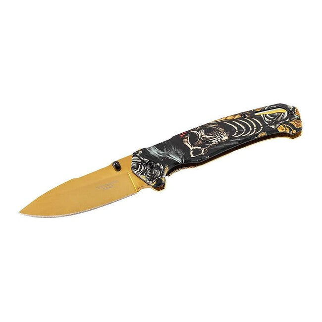 Herbertz Einhand-Fantasie-taschenmesser 8,4cm, Titan, Gold, Skelett-Motiv