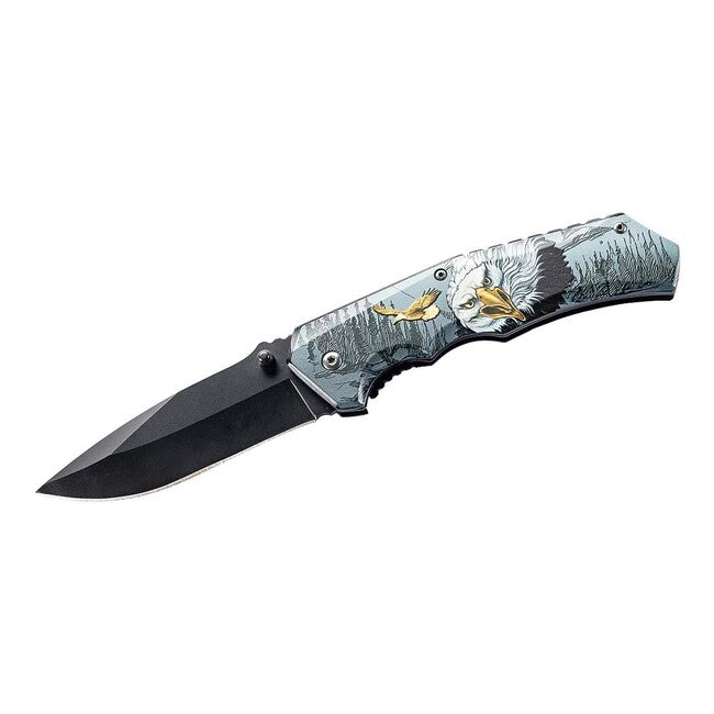 Herbertz Einhandtaschenmesser 8cm, edelstahl, 3D-Landschaft mit Steinadlerkopf
