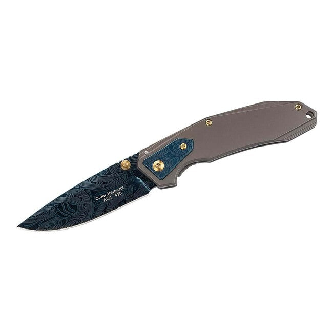 Herbertz Einhandtaschenmesser 8cm rostfreier Stahl, blaue Damastoptik