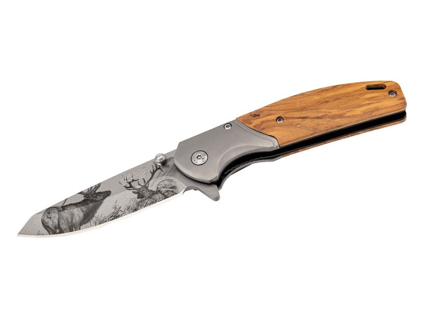 Herbertz Einhandtaschenmesser 9cm, olivenholz, hirschmotiv auf der klinge