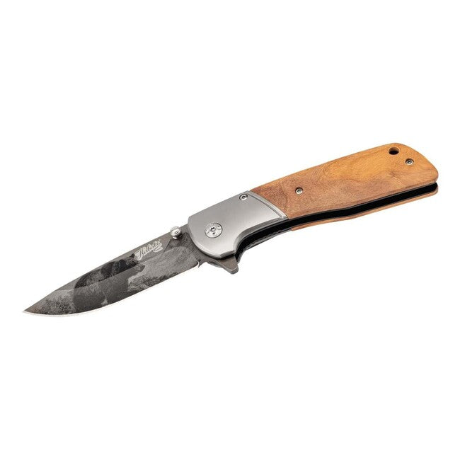 Herbertz Einhandtaschenmesser 9cm, olivenholz, bärenmotiv auf klinge