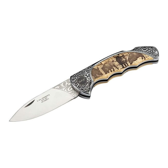 Herbertz taschenmesser 8,2cm Kunststoff mit floralen Beschlägen Wildschweinmotiv