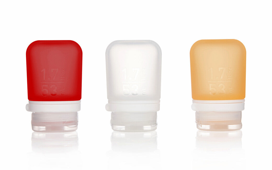 Humangear GoToob+ Silikon-Reiseflasche / Behälter 3er-Pack 53 ml, transparent/rot/orange