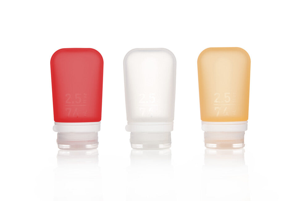 Humangear GoToob+ Silikon-Reiseflasche / Behälter 3er-Pack 74 ml, transparent/rot/orange