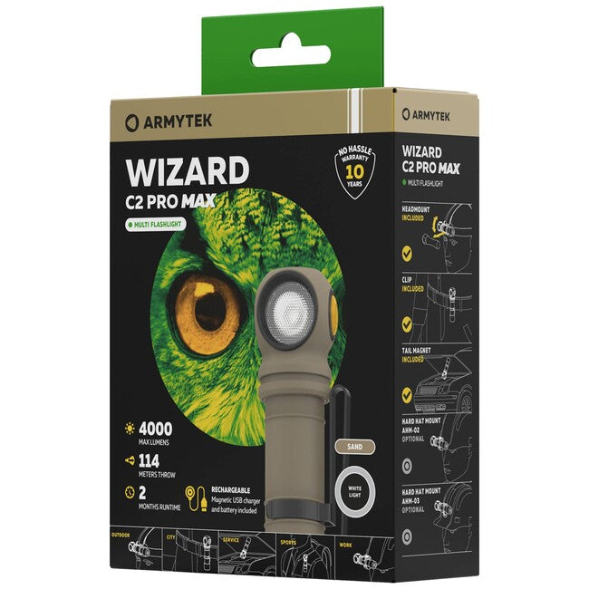 ArmyTek Wizard C2 Pro Max weiße led-handlampe mit magnetischem halter, batteriebetrieben, 4000 lm, sandfarben