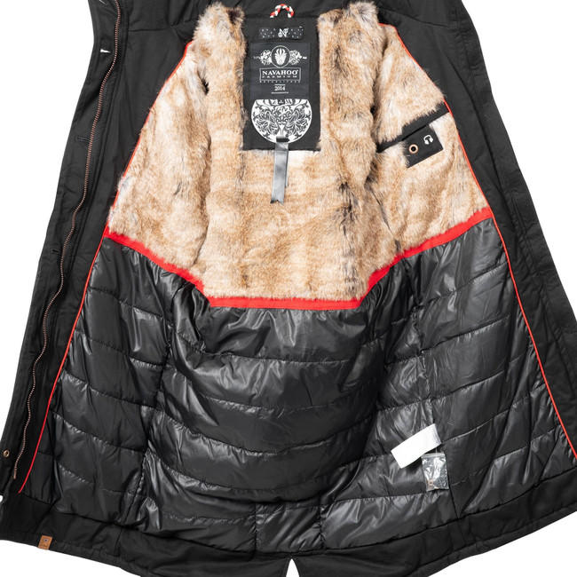 Navahoo KIN-JOO damen Winterjacke mit Kapuze und Fell, schwarz