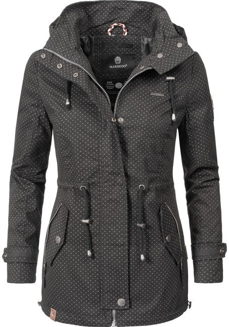 Marikoo Nyokoo damen-Übergangsjacke mit kapuze, schwarz gepunktet