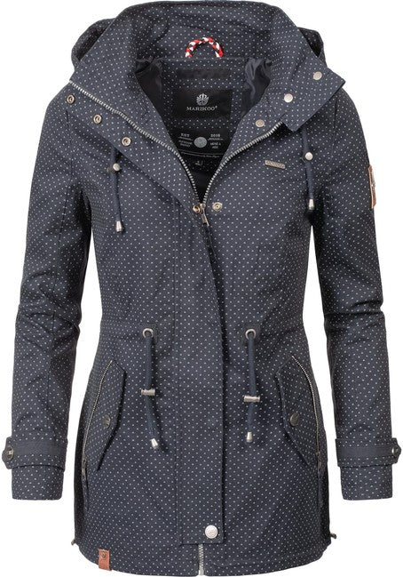 Marikoo Nyokoo gepunktet damen-Übergangsjacke mit Kapuze, Navy
