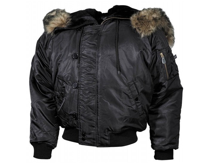 MFH N2B Bomber-Nylonjacke mit Pelz, schwarz