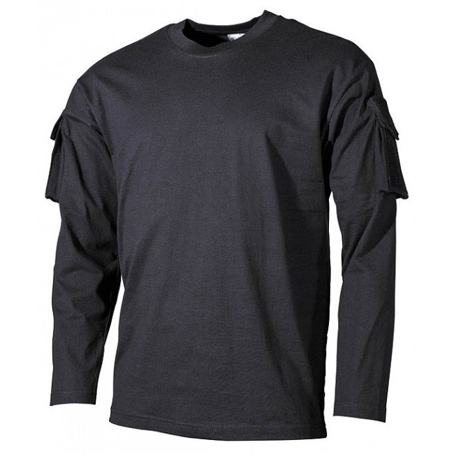 MFH US Schwarz langes T-shirt mit Velcro-taschen auf den Ärmeln, 170g/m2